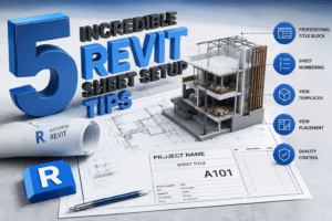 alt="5 Incredible Revit Sheet Setup Tips featuring a professional 3D building model, Revit drawing sheets, title block setup, view templates, sheet numbering, and quality control workflow"