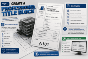 Professional Revit title block setup guide showing a 3D architectural building model, drawing sheet layout, revision schedule, shared parameters, and BIM documentation standards