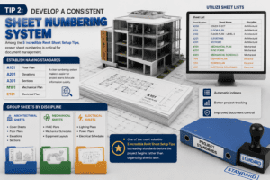 Develop a Consistent Sheet Numbering System in Revit showing 3D BIM model, sheet numbering standards, architectural, mechanical and electrical sheet organization
