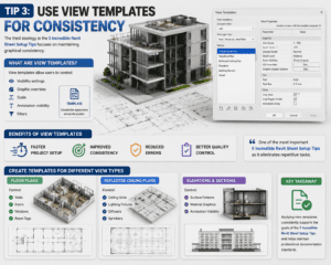 Use View Templates for Consistency in Revit showing 3D BIM model, view template settings, floor plans, ceiling plans, elevations, and professional documentation standards