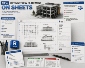Optimize View Placement on Sheets in Revit showing professional sheet layout, aligned floor plans, elevations, sections, guide grids, and BIM documentation standards