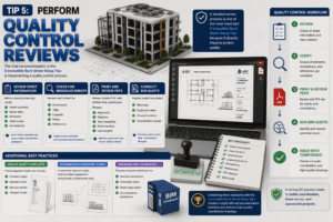 Perform Quality Control Reviews in Revit showing BIM audit workflow, drawing review checklist, PDF quality checks, sheet verification, and professional documentation standards