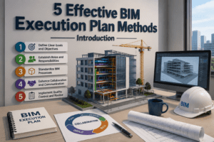 5 Effective BIM Execution Plan Methods 3D illustration with BIM workflow and building model
