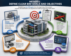 Define Clear BIM Goals and Objectives 3D infographic for BIM Execution Plan