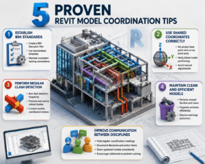 5 Proven Revit Model Coordination Tips infographic showing a 3D BIM building model with MEP systems, clash detection, shared coordinates, BIM standards, model cleanup, and team communication workflows