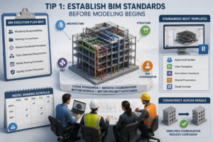 Tip 1 Establish BIM Standards Before Modeling Begins infographic showing BIM Execution Plan, Revit templates, model sharing schedules, and multidisciplinary BIM coordination in a 3D building model