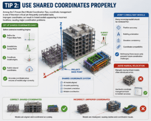 Tip 2 Use Shared Coordinates Properly infographic showing Revit shared coordinates, project base point, survey point, model alignment, coordinate management, and BIM model coordination in a 3D environment