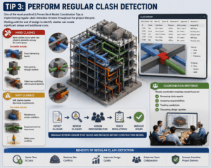 Tip 3 Perform Regular Clash Detection infographic showing 3D Revit BIM model with hard clashes, soft clashes, clash reports, coordination meetings, and MEP conflict resolution workflows