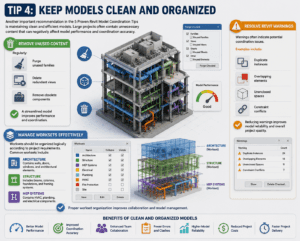 Tip 4 Keep Models Clean and Organized infographic showing Revit model cleanup, workset management, warning resolution, and BIM coordination improvements in a 3D building model
