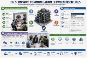 Tip 5 Improve Communication Between Disciplines infographic showing BIM coordination meetings, project documentation, collaborative problem solving, and communication between architects, engineers, contractors, and BIM coordinators