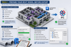 3D illustration of preparing a Revit model before IFC export, showing model cleanup, project audit, purge unused content, and BIM workflow to improve IFC export quality and reduce errors.