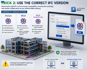 3D infographic illustrating how to choose the correct IFC version in Revit, comparing IFC2x3, IFC4, and IFC4 Reference View for accurate BIM data exchange and seamless interoperability.