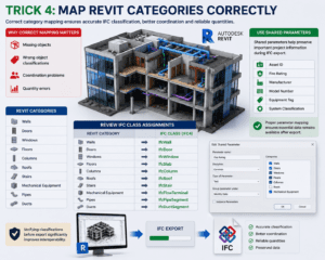 3D infographic showing Revit category mapping to IFC classes, including IfcWall, IfcDoor, IfcWindow, IfcSlab, and IfcColumn, with shared parameters for accurate BIM data exchange and improved interoperability.