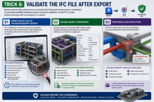 3D infographic illustrating IFC file validation after Revit export, including model review in an IFC viewer, object property verification, and clash detection to ensure accurate BIM coordination and error-free project delivery.