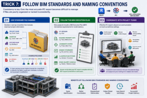 3D infographic illustrating BIM standards and naming conventions for Revit IFC exports, featuring file naming, BIM Execution Plan (BEP), project coordination, and standardized workflows for consistent BIM model delivery.