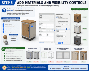 3D infographic for Step 5 of the 7 Easy Steps to Create a Revit Family, demonstrating how to add Material Parameters and Visibility Controls in Revit. The image shows creating frame, panel, and glass material parameters, switching between wood, laminate, and metal finishes, and controlling family visibility for coarse, fine, and plan views to improve BIM flexibility and performance.