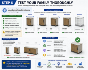3D infographic for Step 6 of the 7 Easy Steps to Create a Revit Family, demonstrating how to thoroughly test a Revit family by checking width, height, depth, material and visibility parameters, testing extreme dimension values from 300 mm to 3000 mm, and validating geometry, constraints, and family performance before loading into a project.