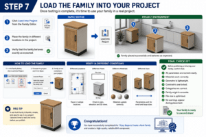 3D infographic for Step 7 of the 7 Easy Steps to Create a Revit Family, demonstrating how to load a Revit family into a project from the Family Editor, verify placement in different locations, views, materials, and sizes, and complete a final quality checklist to ensure a reliable, optimized BIM component.