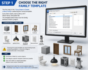 3D infographic illustrating Step 1 of the 7 Easy Steps to Create a Revit Family, showing how to choose the right Revit family template with common RFT templates including Generic Model, Door, Window, Furniture, Plumbing Fixture, Lighting Fixture, Mechanical Equipment, Electrical Fixture, and Specialty Equipment.