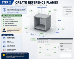 3D infographic for Step 2 of the 7 Easy Steps to Create a Revit Family, demonstrating how to create reference planes in Revit with horizontal and vertical reference planes, center origin, width, depth, height dimensions, and best practices for building parametric Revit families.
