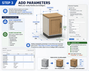 3D infographic for Step 3 of the 7 Easy Steps to Create a Revit Family, showing how to add Family Parameters and Shared Parameters in Revit, including width, height, depth, thickness, manufacturer, model number, cost, and best practices for naming parameters in intelligent BIM families.