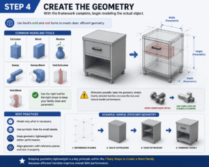 3D infographic for Step 4 of the 7 Easy Steps to Create a Revit Family, demonstrating how to create Revit family geometry using solid and void forms, including Extrusion, Blend, Revolve, Sweep, Sweep Blend, Void Extrusion, and Void Blend while keeping geometry lightweight for better BIM performance.