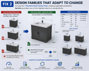 Fix 2 Design Families That Adapt to Change infographic showing adaptive parametric Revit families with adjustable dimensions and intelligent parameters
