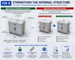 Fix 3 Strengthen the Internal Structure infographic showing organized reference planes, proper constraints, and stable Revit Family design