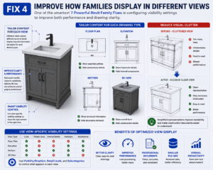 Fix 4 Improve How Families Display in Different Views infographic showing Revit Family visibility settings for floor plans, elevations, sections, and 3D views