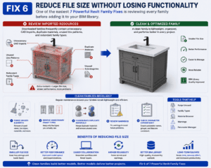 Fix 6 Reduce File Size Without Losing Functionality infographic showing Revit Family cleanup, imported CAD removal, and optimized BIM file management