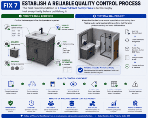 Fix 7 Establish a Reliable Quality Control Process infographic showing Revit Family testing, parameter verification, visibility checks, and BIM quality assurance