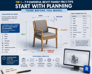 Tip 1 of 7 Powerful Revit Family Pro Tips showing how to plan a parametric Revit family with width, height, depth, material, visibility, connector location, rotation, and offset parameters.