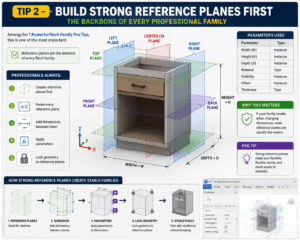 Tip 2 of 7 Powerful Revit Family Pro Tips showing strong reference planes, dimensions, and parametric constraints for creating stable Revit families.