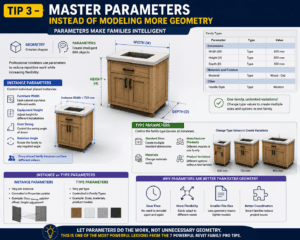 Tip 3 of 7 Powerful Revit Family Pro Tips explaining instance parameters and type parameters for creating intelligent parametric Revit families.