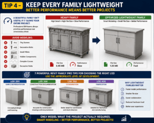 Tip 4 of 7 Powerful Revit Family Pro Tips showing how lightweight Revit families improve BIM performance and the correct use of LOD 200, LOD 300, LOD 350, and LOD 400.