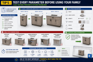 Tip 5 of 7 Powerful Revit Family Pro Tips showing flex testing, parameter validation, and geometry checks to create reliable parametric Revit families.