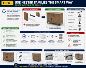 Tip 6 of 7 Powerful Revit Family Pro Tips showing how nested families improve reusable components, faster editing, and efficient parametric Revit family workflows.