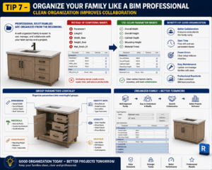 Tip 7 of 7 Powerful Revit Family Pro Tips showing organized parameter naming, logical parameter groups, and professional Revit family management for better BIM collaboration.