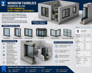 3D infographic of Revit Window Families showing fixed, casement, sliding, bay, corner, and curtain wall windows with advanced parametric features in Autodesk Revit.