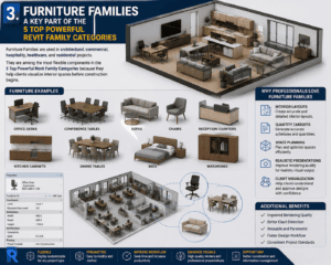 3D infographic of Revit Furniture Families showing office desks, conference tables, sofas, chairs, kitchen cabinets, beds, wardrobes, and interior layouts in Autodesk Revit.