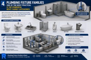 3D infographic of Revit Plumbing Fixture Families showing toilets, wash basins, kitchen sinks, showers, urinals, bathtubs, and drinking fountains with MEP plumbing connections in Autodesk Revit.