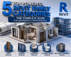 5 Top Powerful Revit Family Categories with 3D building model showing door, window, furniture, plumbing fixture, and mechanical equipment families in Autodesk Revit