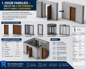 3D infographic of Revit Door Families showing single, double, sliding, glass, revolving, and automatic doors with parameters and benefits in Autodesk Revit.