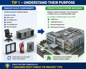 Tip 1 – Understand Their Purpose: Revit Family components vs Revit Project building model in Autodesk Revit