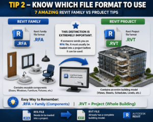 Tip 2 – Know Which File Format to Use: Revit Family (.RFA) vs Revit Project (.RVT) file format comparison in Autodesk Revit
