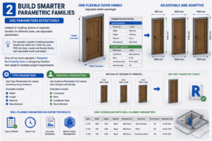 3D illustration of smart parametric Revit families using adjustable type and instance parameters as part of the 7 Powerful Revit Family Fixes guide