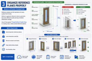 3D illustration showing organized Revit reference planes and family flexing tests as part of the 7 Powerful Revit Family Fixes guide