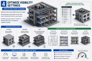 3D illustration showing optimized Revit visibility settings with coarse, medium, and fine detail levels as part of the 7 Powerful Revit Family Fixes guide