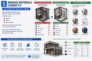 3D illustration showing proper Revit material management with consistent material naming as part of the 7 Powerful Revit Family Fixes guide