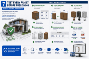 3D illustration showing Revit family quality control and testing checklist as part of the 7 Powerful Revit Family Fixes guide
